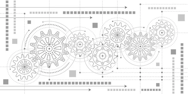 在白色背景上的工程技术制图 齿轮的技术制图 圆形零件的转动机理 矢量图解 — 图库矢量图片