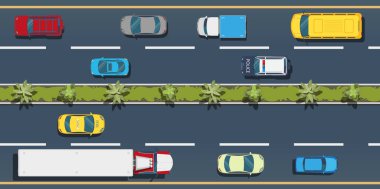 Şehir ulaşımının üst görüntüsü. Ağaçların olduğu manzara. Arabalar, otobüsler, kamyonlar yolda..