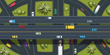 Şehir ulaşımının üst görüntüsü. Ağaçların olduğu manzara. Arabalar, otobüsler, kamyonlar yolda..