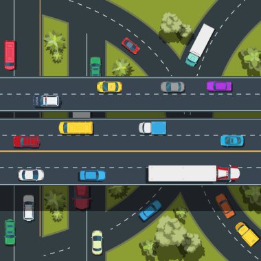 Şehir ulaşımının üst görüntüsü. Ağaçların olduğu manzara. Arabalar, otobüsler, kamyonlar yolda..