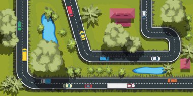 Şehir ulaşımının üst görüntüsü. Ağaçların olduğu manzara. Arabalar, otobüsler, kamyonlar yolda..