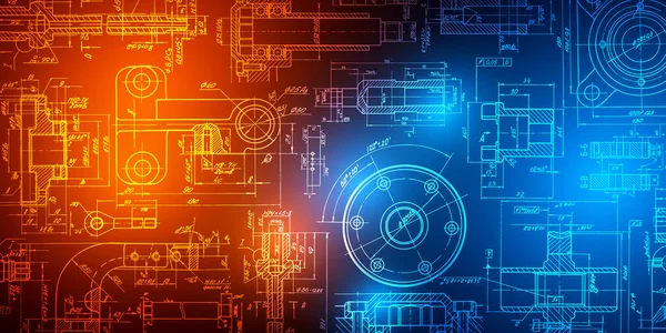 Teknoloji neon arka planı. Makine mühendisliği çizimleri. Teknik çizim arkaplanı. Vektör illüstrasyonu.