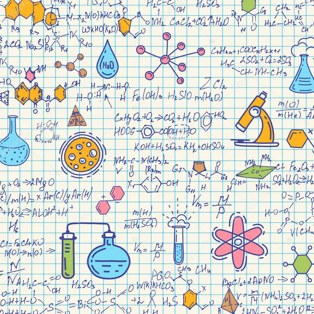 School chemical formulas .Notebook school paper.Handwritten formulas background.Letters and numbers .Vector illustration.