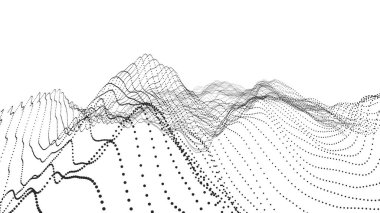 Beyaz arka planda teknolojik manzara. Dağlarda vadileri olan siber alan..