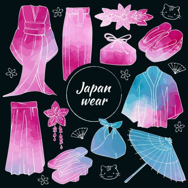 Japonya aşınma kümesiyle kimono ve HAORI. Japonya kültür öğeleri vektör ayarlayın. Suluboya elle çizilmiş illüstrasyon.