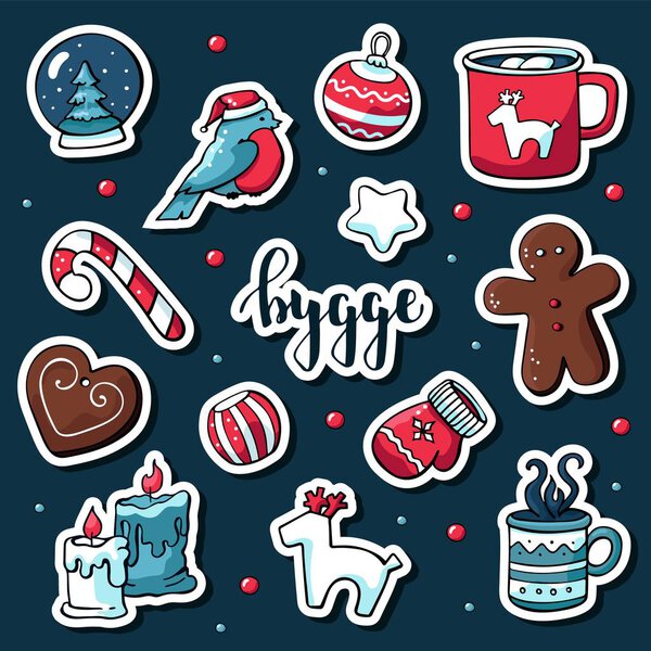 Симпатичные векторные наклейки. Симпатичная иллюстрация зимы и Рождества hygge элементов. Скандинавский стиль с надписью "hygge"
.