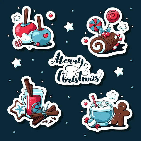 Stickers Noël Doodle Ensemble Joyeux Noël Lettrage Images Dessinées Main — Image vectorielle