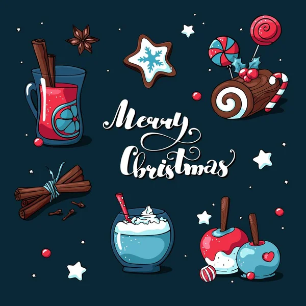 Doodle Weihnachtskarte Mit Frohem Weihnachten Schriftzug Handgezeichnete Bilder Von Karamell — Stockvektor