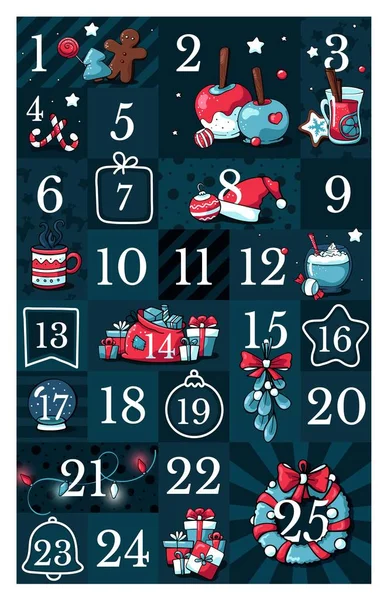 Adventskalender Niedlich Handgezeichneter Doodle Stil Fünfundzwanzig Weihnachts Countdown Druckbare Tags — Stockvektor