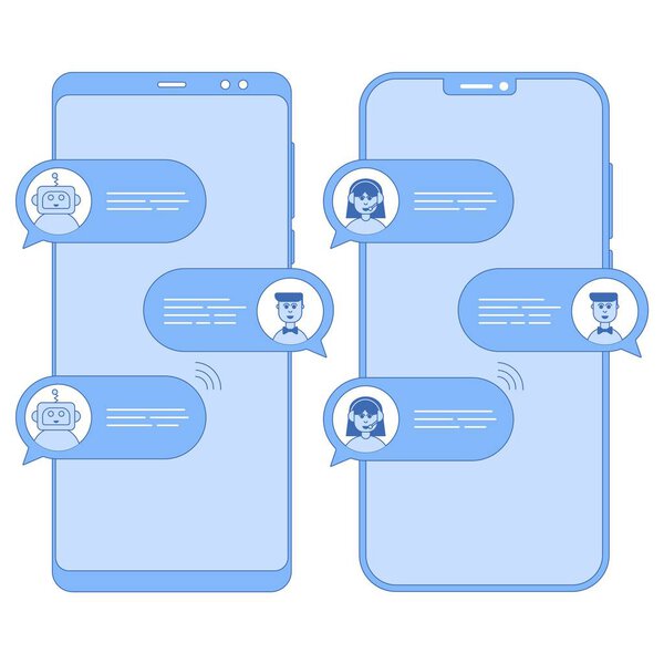 Chatbot flat line icon concept. Live Chat in trendy flat design. Man chatting with chat bot on smartphone. User talk with bot in messenger. Man chatting with live chat support. Vector illustration.