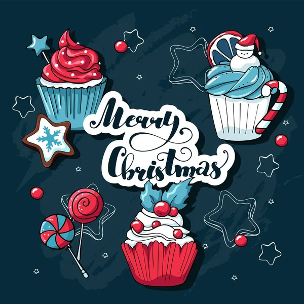 Weihnachten Cupcakes Und Süßigkeiten Vektor Set Doodle Handgezeichnete Illustration Mit — Stockvektor