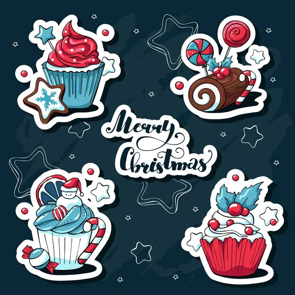 Weihnachtssticker Mit Cupcakes Und Süßigkeiten Doodle Handgezeichnetes Vektorset Illustration Mit — Stockvektor