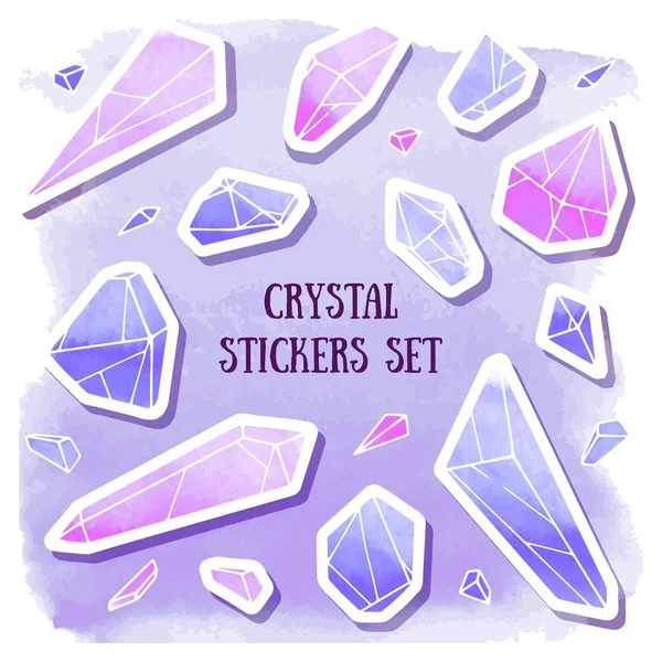 Crystal Klistermärken Set Med Akvarell Bakgrunden Blå Och Rosa Tunn — Stock vektor
