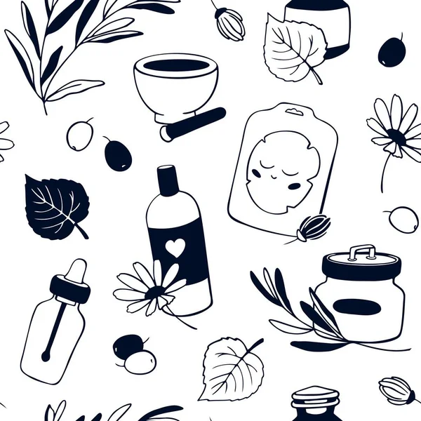 Organic Cosmetics seamless pattern black and white. Hand drawn natural cosmetic. Vector illustration in doodle style. Included elements; herbs, Pestle And Mortar, lavender, cream, chamomile, mask.