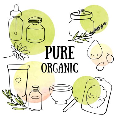Organik osmetics doodle. Çizilen illüstrasyon vektör ver. Saf organik yazı. El çekilmiş kozmetik kümesi: krem, maske, kavanoz, tüp ve losyon. Organik osmetics öğeleri otlar, papatya, lavanta.
