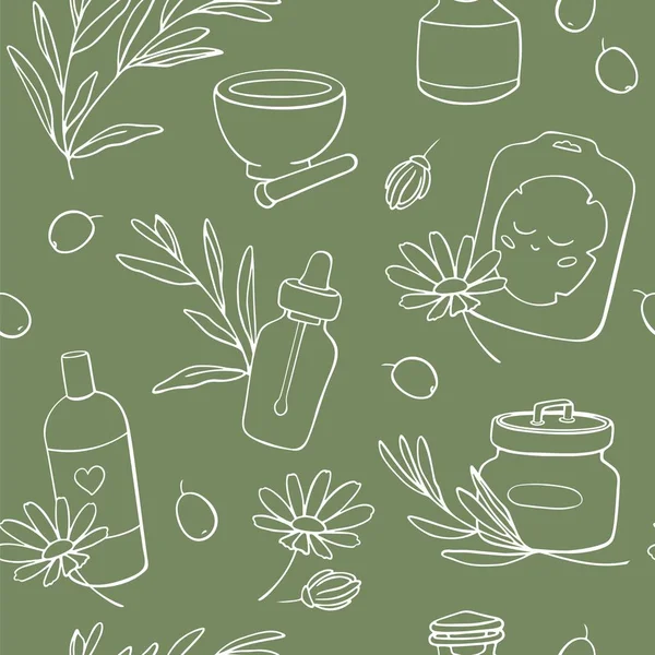 Organic Cosmetics seamless pattern olive background. Hand drawn natural cosmetic background. Vector illustration in doodle style. Included elements; herbs, bottles,mask, lavender, cream, chamomile.