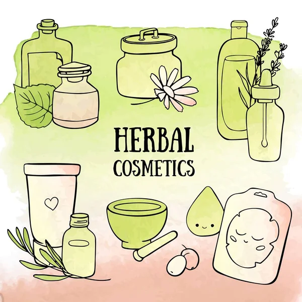 Organische Cosmetica Doodle Aquarel Achtergrond Vector Hand Getekende Illustratie Kruiden — Stockvector