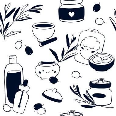 Doğal kozmetik Dikişsiz siyah-beyaz desen. Elle çizilmiş makyaj zemin. Vektör çizim şirin doodle tarzı. Dahil unsurları; krem, maske, lavanta, havaneli ve harç, kavanoz.