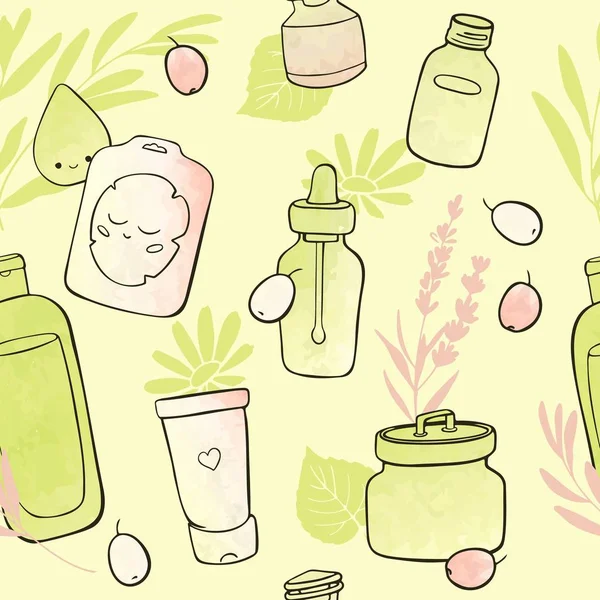 Cosmética Natural Patrón Sin Costuras Sobre Fondo Acuarela Fondo Maquillaje — Vector de stock