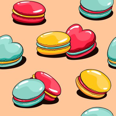 Bademli kurabiye ile vektör karikatür seamless modeli. Sevgililer günü desen şirin doodle macaroons ile. Kalp şekli Fransızca macaroons ile el çekilmiş görüntüsü. Kumaş ve kağıt sarma için ideal.