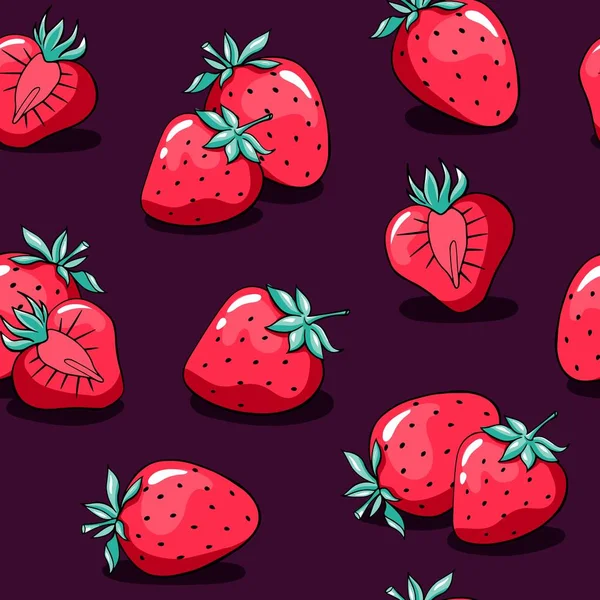 かわいい落書きイチゴとバレンタインデーのパターン 漫画のシームレスなパターンをベクトルとイチゴ 背景画像と 紫色の背景に赤のイチゴ 布や包装紙に最適 — ストックベクタ