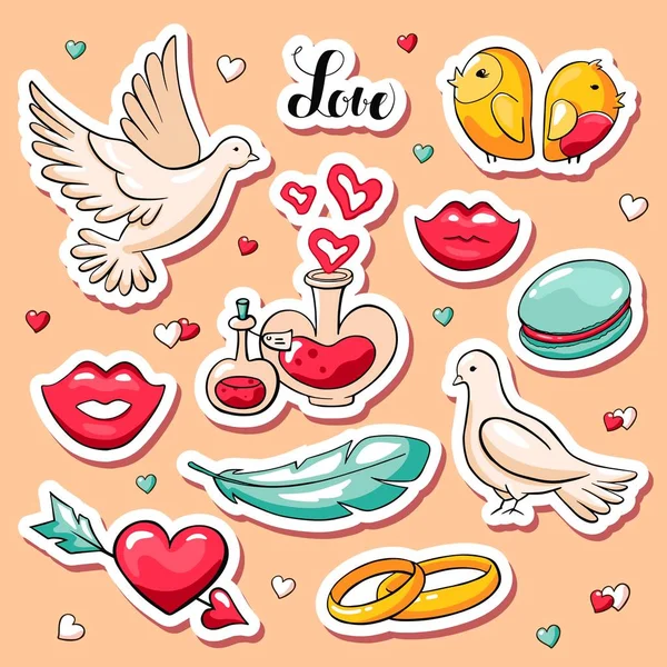 落書きスタイルでかわいいバレンタインのステッカー 鳩の手描き画像をベクトル ポーション 結婚指輪 愛のシンボル キューピッドの矢印 ラブポーション 唇が大好き レタリングが大好き — ストックベクタ