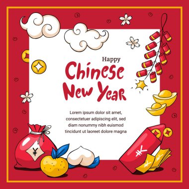 Çin yeni yıl 2019 kartı. Stil tebrik kartı ile yer tutucusunu doodle. Çin yeni yılı çizilmiş yazı ver. Şirin oryantal öğeleri: bulutlar, para çantasını, kırmızı zarf, havai fişek.