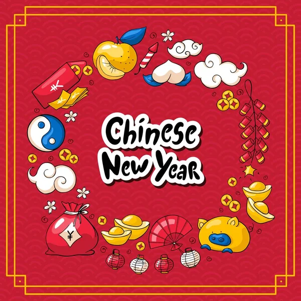 Ano Novo Chinês 2019 Cartão Doodle Cartão Estilo Saudação Com — Vetor de Stock