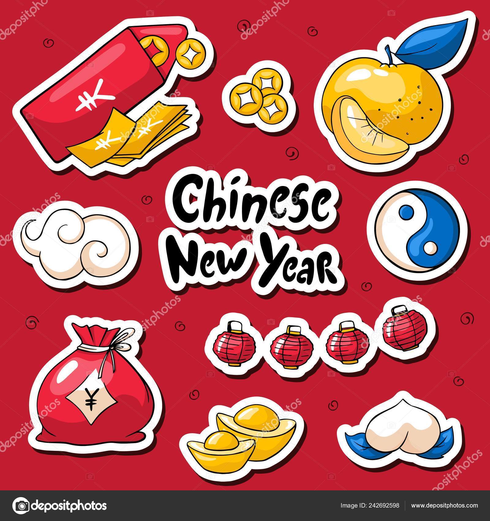 Vector seamless pattern. Concept chinese new year and red chinese envelope.  Hand drawing lanterns, clouds, coins and other traditional elements. Chinese  festival illustration. Stock Vector