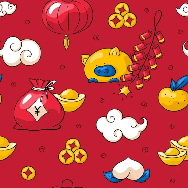 Kinesiska Nyåret 2019 Mönster Doodle Stil Röd Bakgrund Gul Gris — Stock vektor