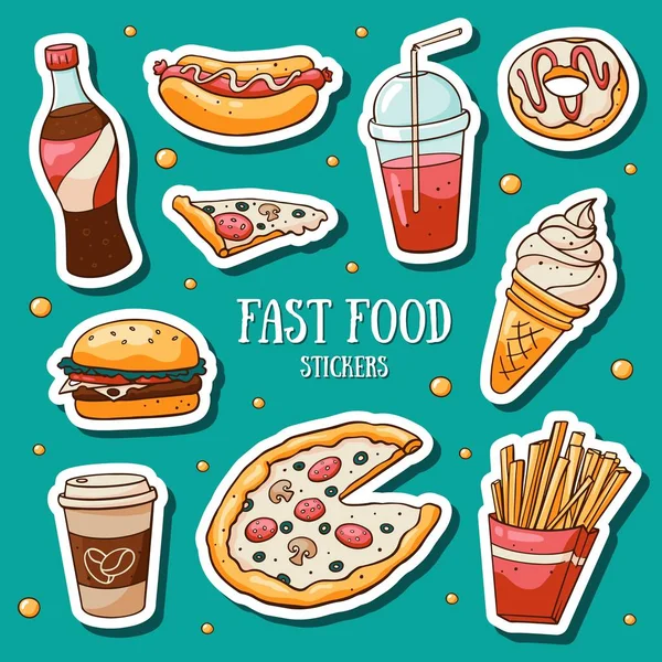 Fast Food Stickers Set Blue Background Vector Collection Hand Drawn — Stock Vector