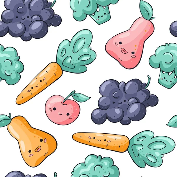 Bonito desenhos animados legumes e frutas sem costura padrão no fundo branco. Padrão sem costura comida saudável no estilo doodle. Kawaii cenoura, pêra, maçã e caracteres vetoriais de uva . — Vetor de Stock