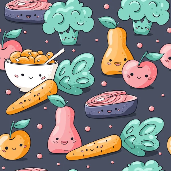 Desenhos animados bonito padrão de alimentos saudáveis sem costura no estilo doodle. Personagens Kawaii cenoura, pêra, maçã, salmão, muesli. Padrão de comida sem costura para tecido e pano de criança . — Vetor de Stock
