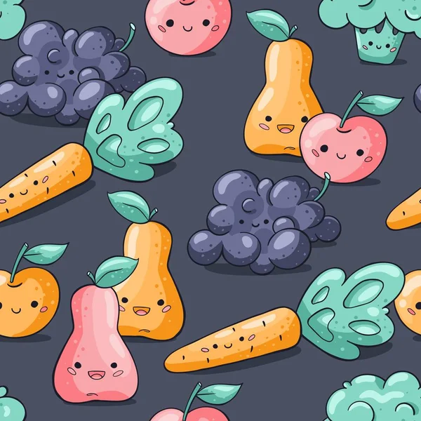 Bonito desenhos animados legumes e frutas sem costura padrão no fundo escuro. Padrão sem costura comida saudável no estilo doodle. Kawaii cenoura, pêra, maçã e caracteres vetoriais de uva . — Vetor de Stock