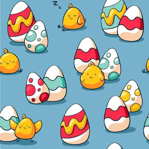 Пасхальный бесшовный узор с курицей и пасхальными яйцами. Праздничный фон для оберточной бумаги, ткани. Ручной рисунок курицы и пасхальные яйца на синем фоне . — стоковый вектор