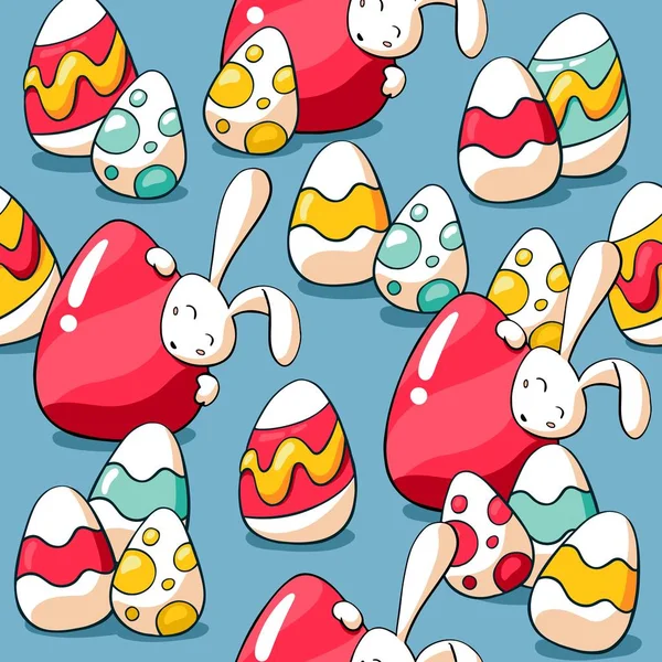 Πασχαλινό σχέδιο με κουνελάκια και Πασχαλινά αυγά. Φόντο διακοπών για χαρτί περιτυλίγματος, ύφασμα. Κουνελάκια και αυγά. — Διανυσματικό Αρχείο