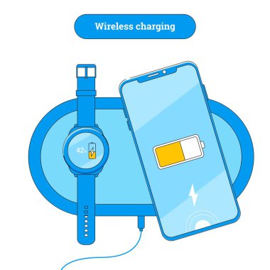 Cep telefonu ve akıllı saat ile kablosuz şarj Pad. Kablosuz şarj hattı çizimi. Modern çerçevesiz akıllı telefon simgesi düz tasarım. Ekranda şarj ilerlemesi.