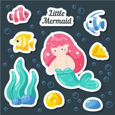 Deniz çıkartmaları ayarlayın. Denizkızı, balık, kabuk, mercan resifi. Çizgi film yamaları, rozetler, iğneler, çocuklar için baskılar. Doodle stili.