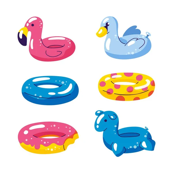 Piscina lindo niños flotadores inflables, vector aislado elementos de diseño. Unicornio, flamenco, bola de cisne, iconos de rosquilla aislados sobre fondo blanco . — Vector de stock