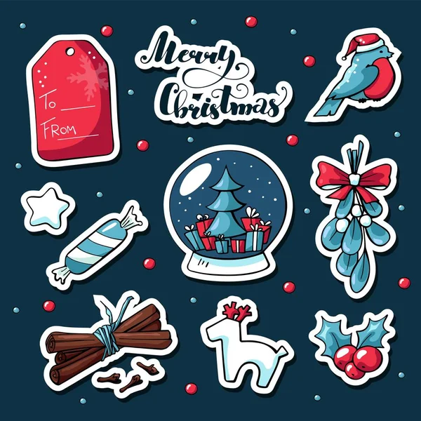 Niedliche Weihnachtssticker im Cartoon-Stil. Vektor handgezeichnete Bilder von Hirschen, Weihnachtskugel, Geschenk, Süßigkeiten, Gimpel, Weihnachtskranz, Mistel. Frohe Weihnachten. — Stockvektor