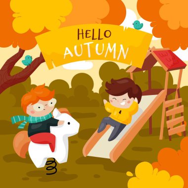 Çocuk parkında oynayan bir grup çocuğun vektör çizimi