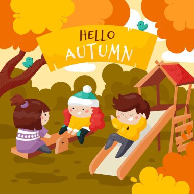 Çocuk parkında oynayan çok ırklı bir grup çocuğun vektör çizimi