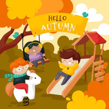 Çocuk parkında oynayan çok ırklı bir grup çocuğun vektör çizimi