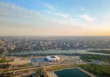 Rostov-on-Don'ın panoramik manzaralı. Stadyum, Don Nehri. Rusya, Rostov-on-Don  