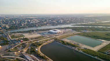 Rostov-on-Don'ın panoramik manzaralı. Stadyum, Don Nehri. Rusya, Rostov-on-Don