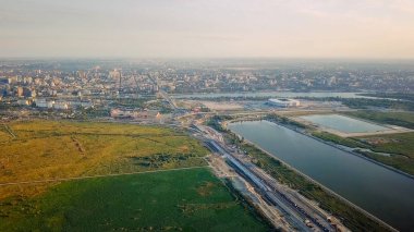 Rostov-on-Don'ın panoramik manzaralı. Stadyum, Don Nehri. Rusya, Rostov-on-Don  