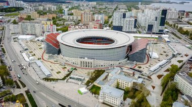 Rusya, Ekaterinburg - 30 Mayıs 2018: Merkez stadyum Yekaterinburg şehir. 2018, Dron dan FIFA futbol konumuyla eşleşen  