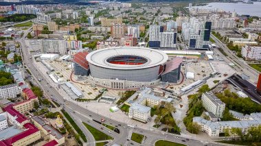 Rusya, Ekaterinburg - 30 Mayıs 2018: Merkez stadyum Yekaterinburg şehir. 2018, Dron dan FIFA futbol konumuyla eşleşen  