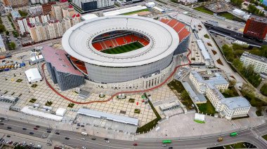 Rusya, Ekaterinburg - 30 Mayıs 2018: Merkez stadyum Yekaterinburg şehir. 2018, Dron dan FIFA futbol konumuyla eşleşen  
