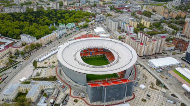 Rusya, Ekaterinburg - 30 Mayıs 2018: Merkez stadyum Yekaterinburg şehir. 2018, Dron dan FIFA futbol konumuyla eşleşen  